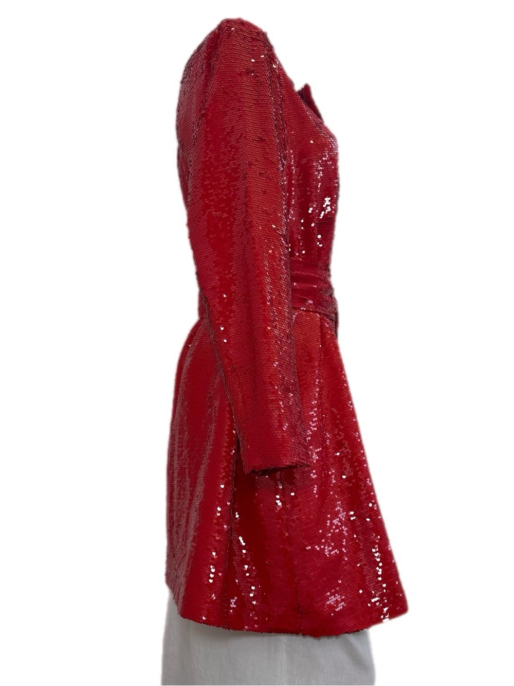 VENUS Red Sequin Belted Duster Midi length Jacket Size 14 , snap button front - Picture 2 of 12
